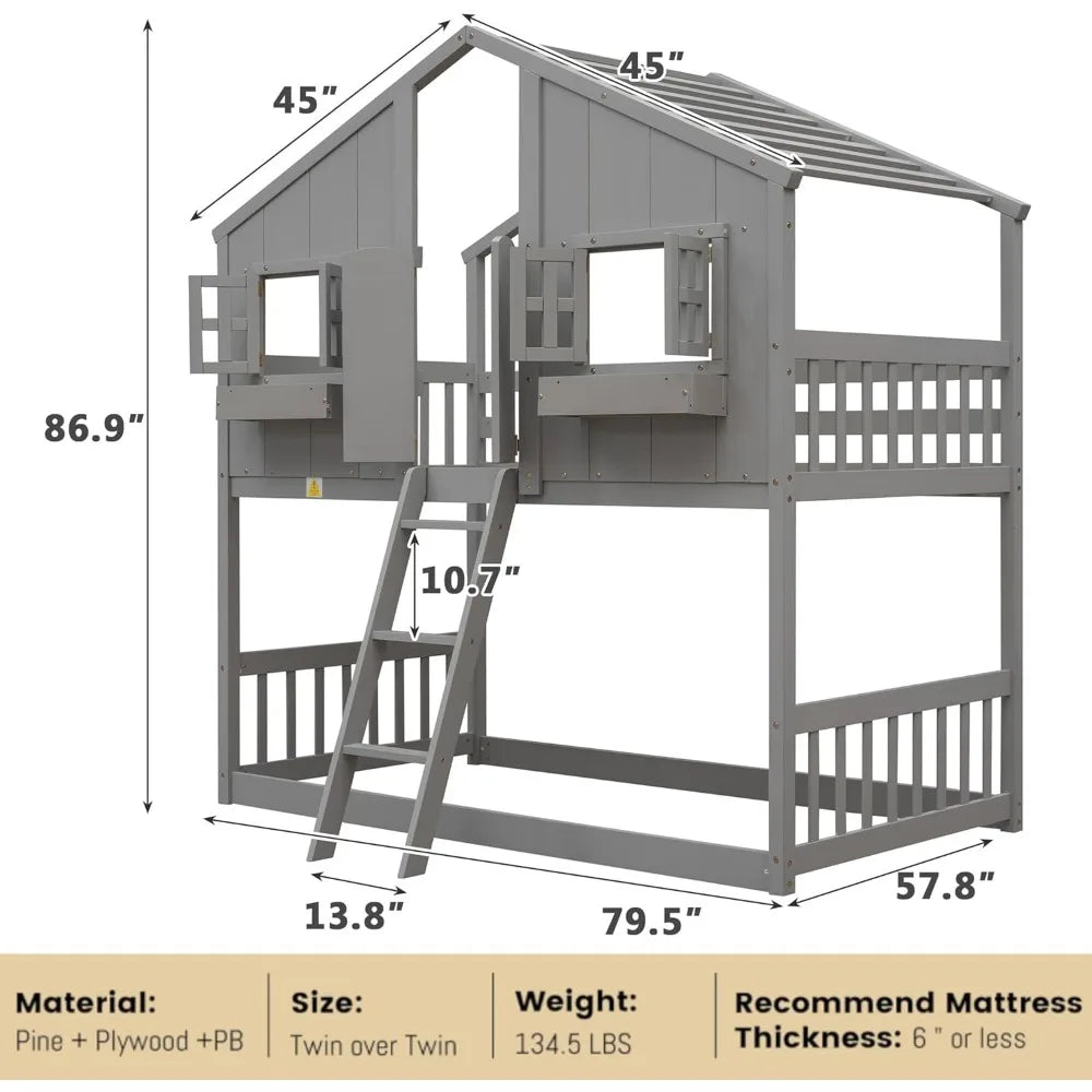 House Bunk Bed Twin Over Twin Wood