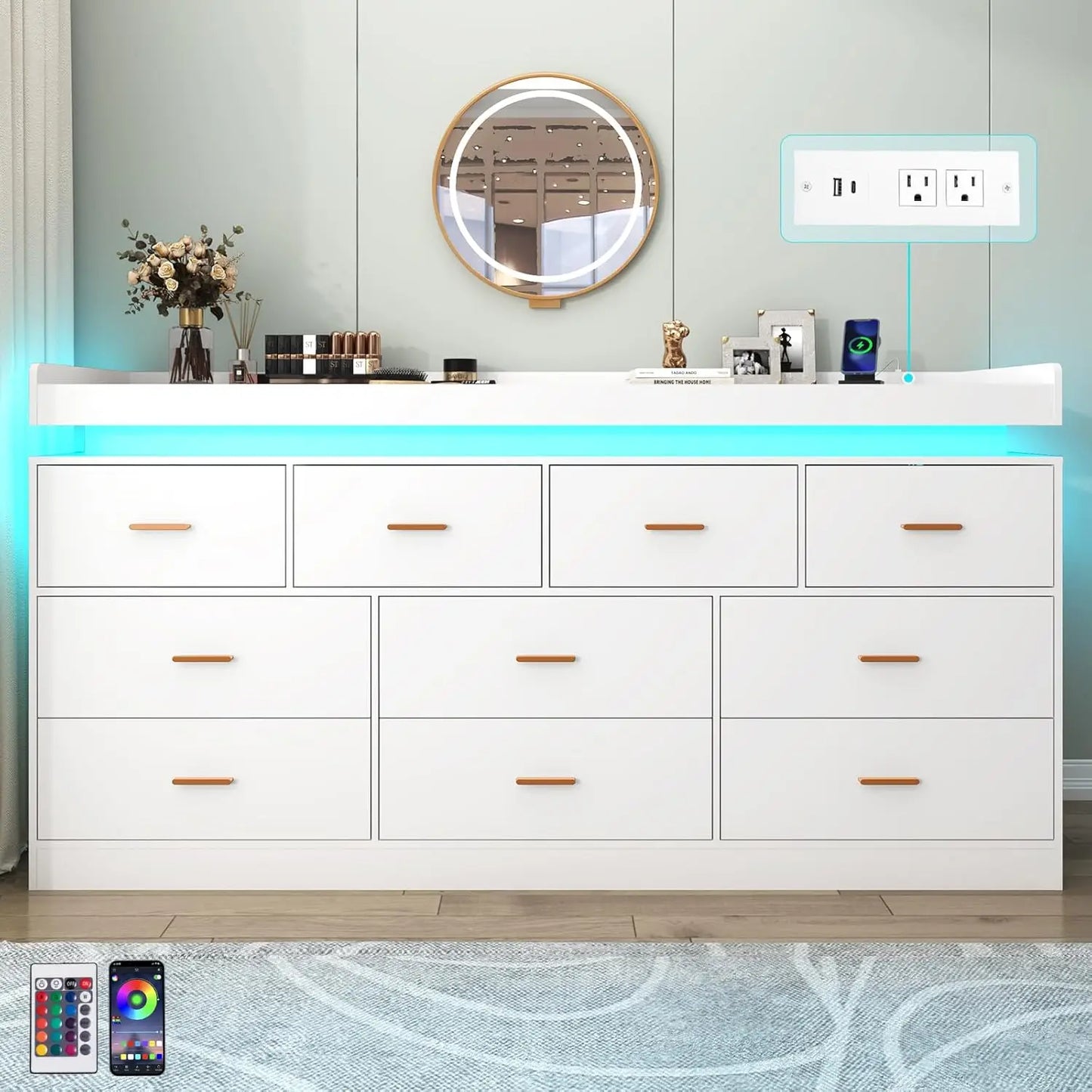 10 Drawer Dresser with LED Light and Charging