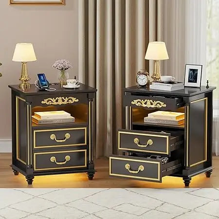 Set of 2 Nightstand with Gun Drawer, Charging