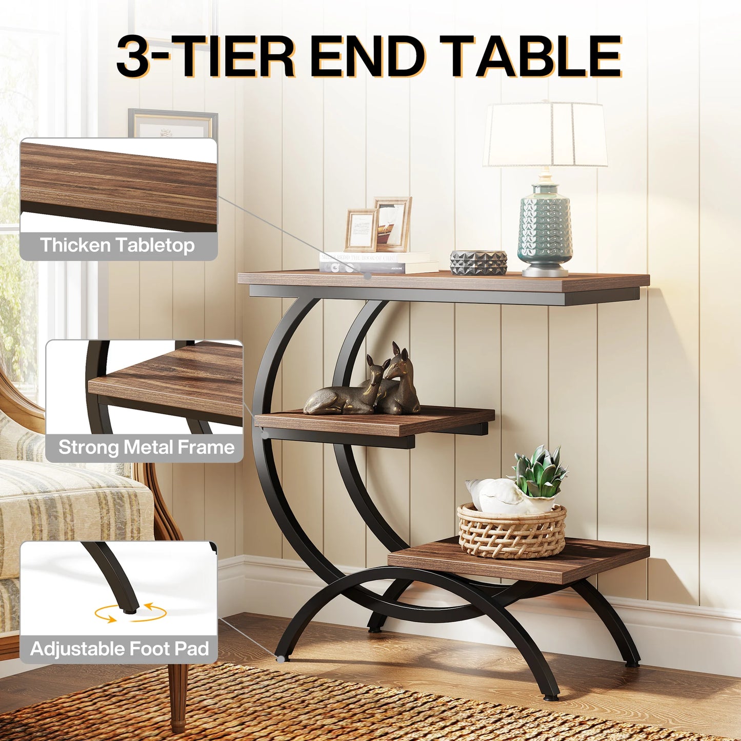 C-Shaped End Table, Industrial 3-Tier Small Table