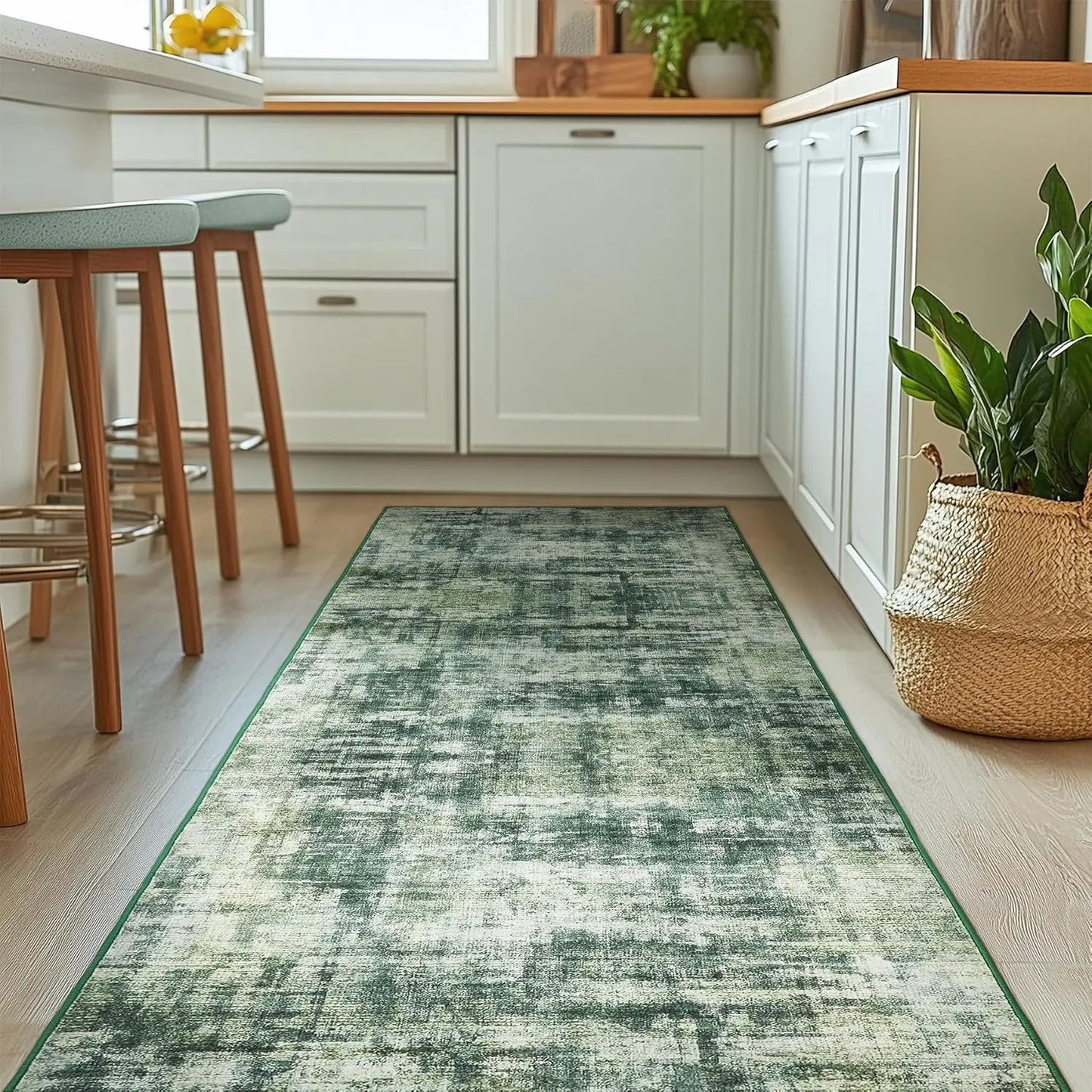 Green RugLiving Room Washable Abstract