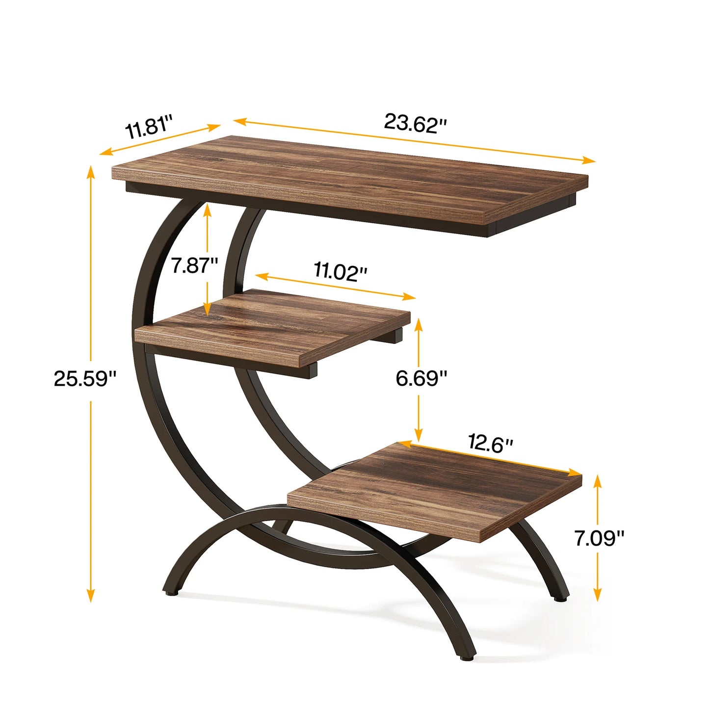 C-Shaped End Table, Industrial 3-Tier Small Table