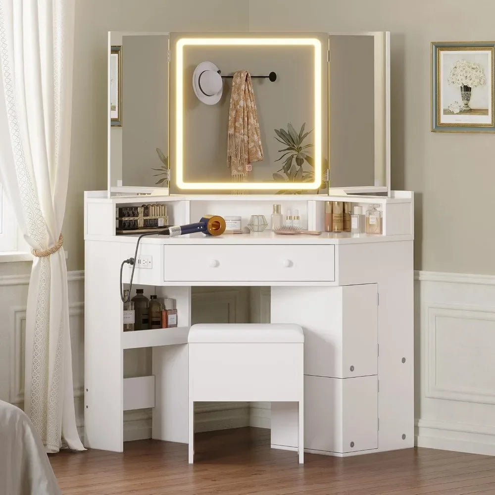 Vanity Desk with Tri-Fold Mirror and Lights