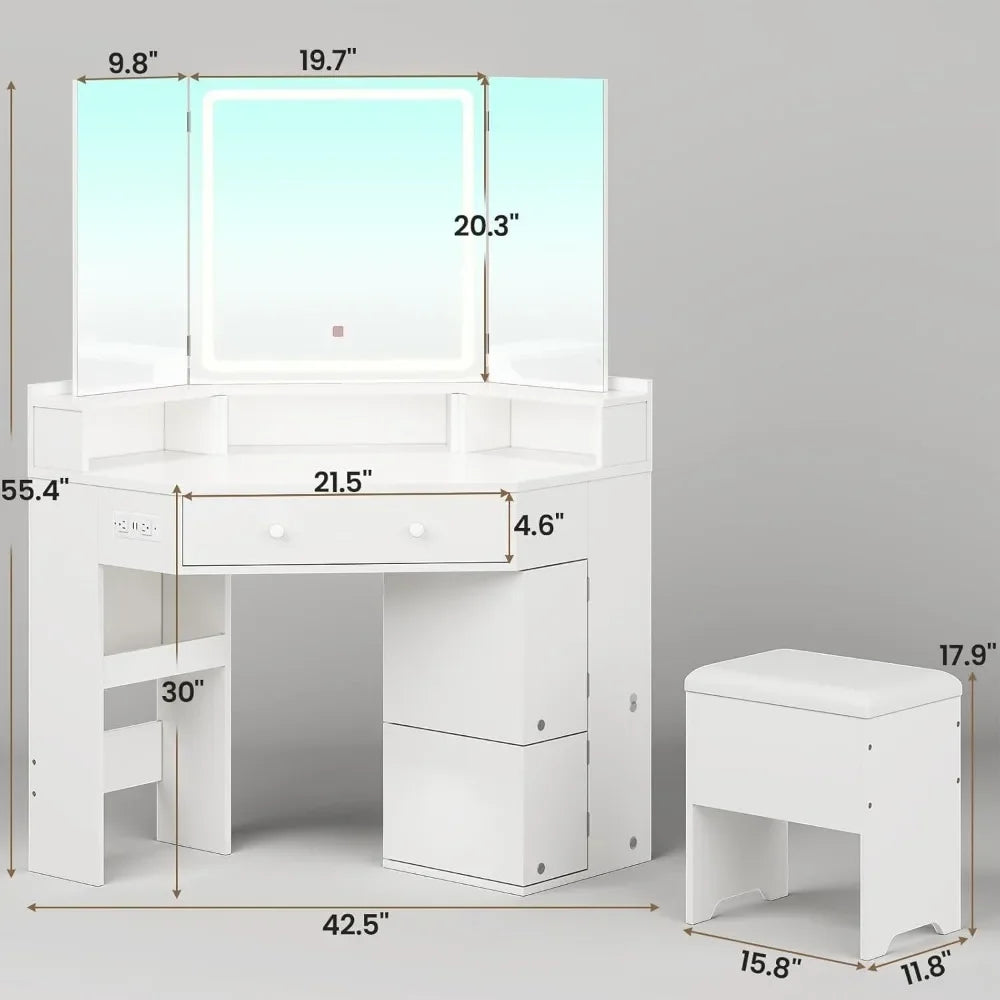 Vanity Desk with Tri-Fold Mirror and Lights