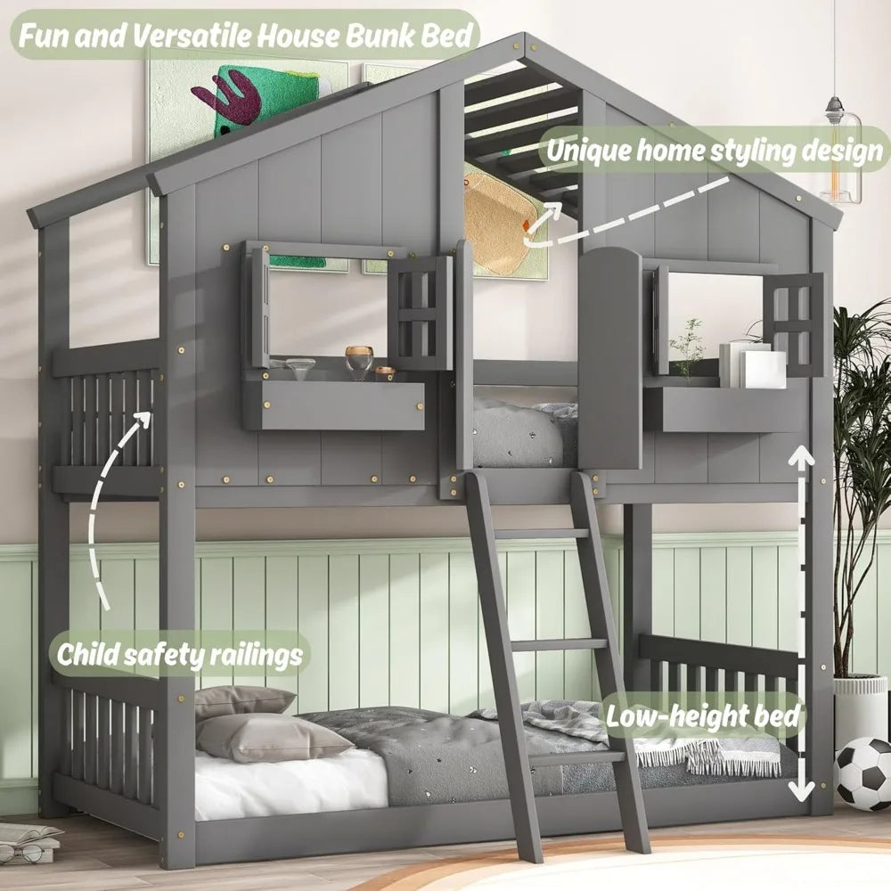 House Bunk Bed Twin Over Twin Wood