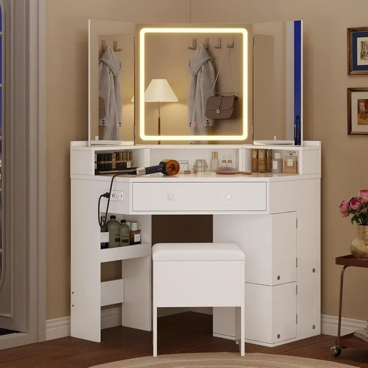 Vanity Desk with Tri-Fold Mirror and Lights