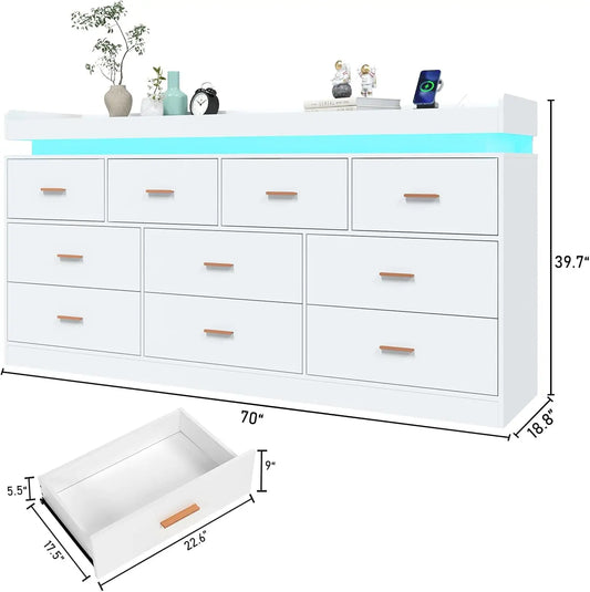 10 Drawer Dresser with LED Light and Charging