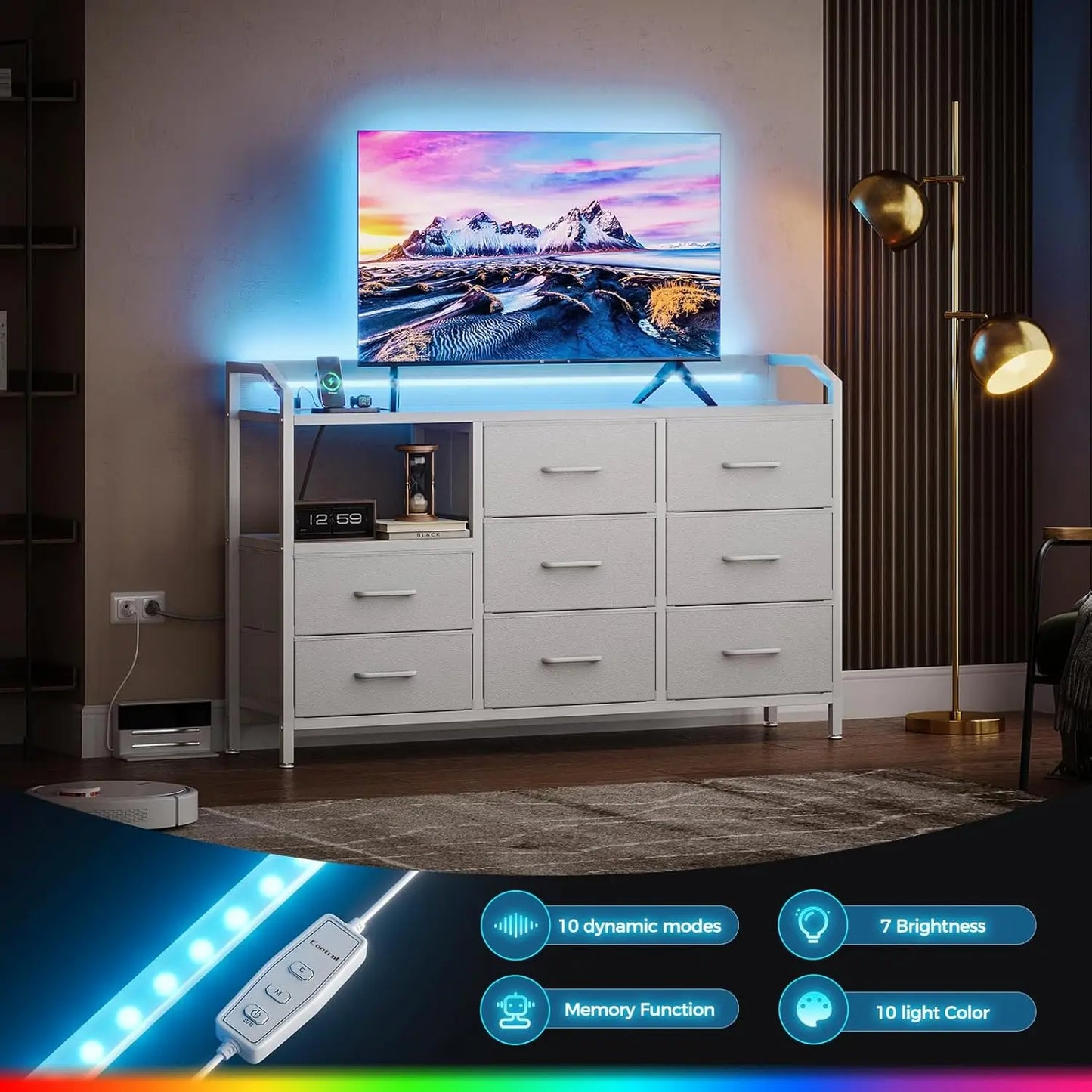 White Dresser for Bedroom with Light Strip