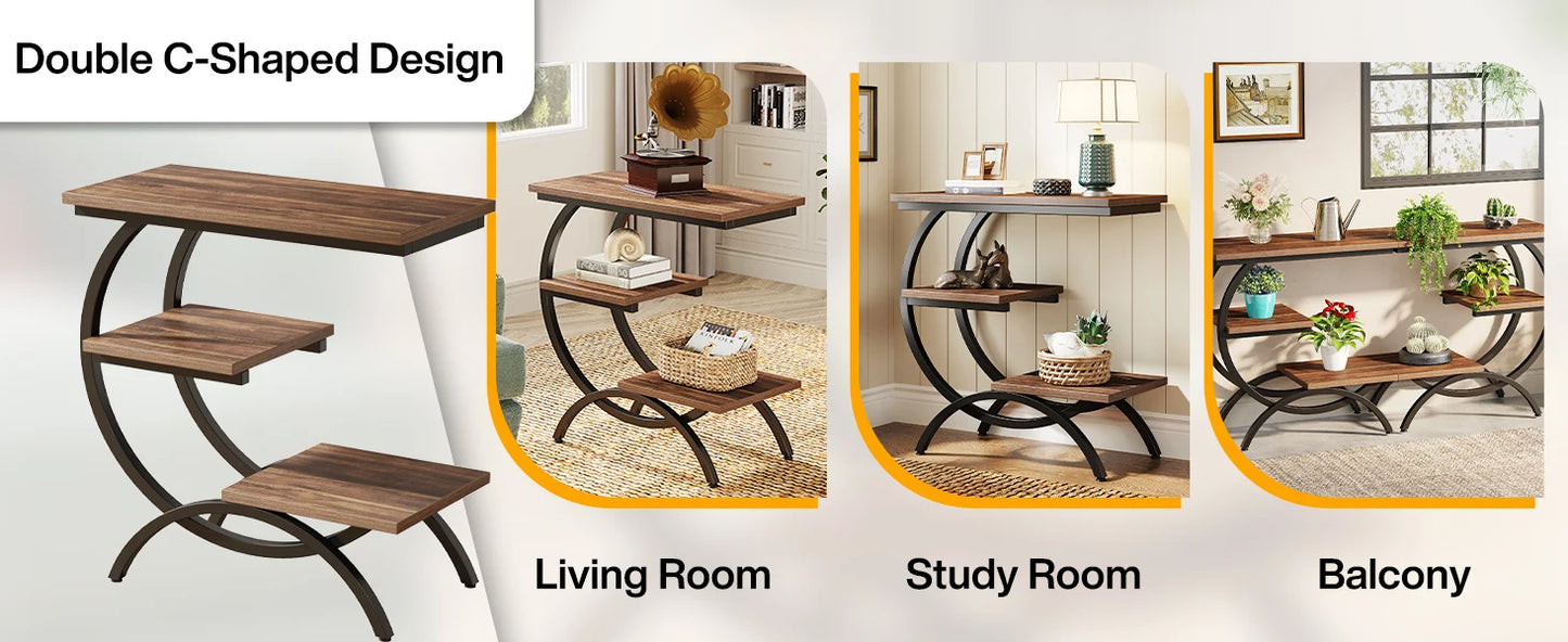 C-Shaped End Table, Industrial 3-Tier Small Table