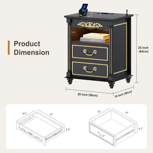 Set of 2 Nightstand with Gun Drawer, Charging