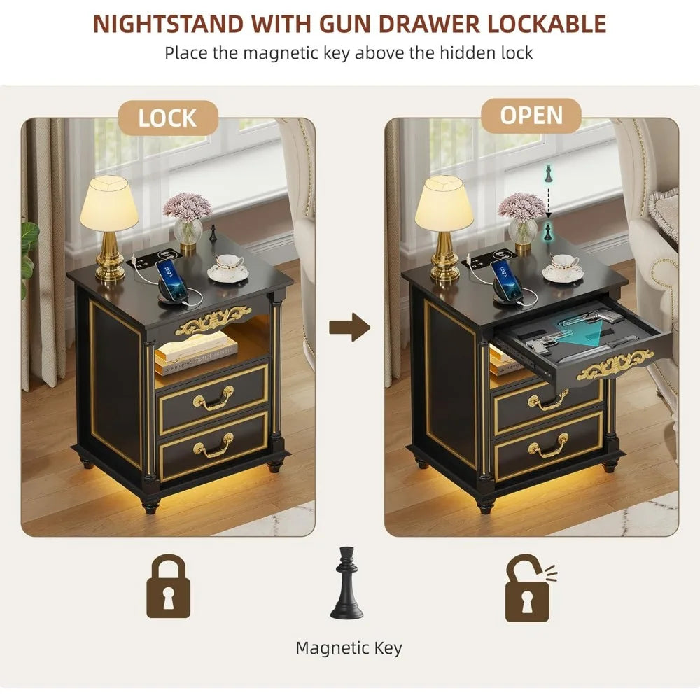 Set of 2 Nightstand with Gun Drawer, Charging