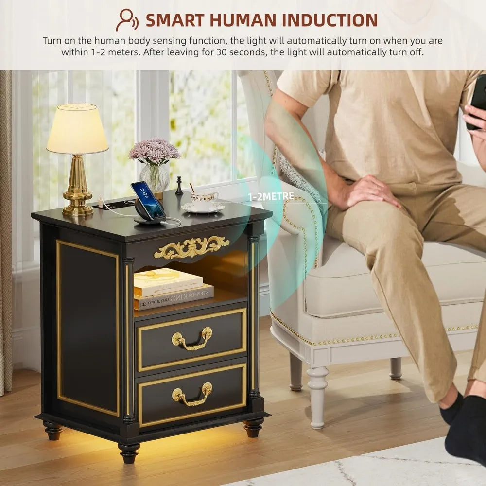 Set of 2 Nightstand with Gun Drawer, Charging