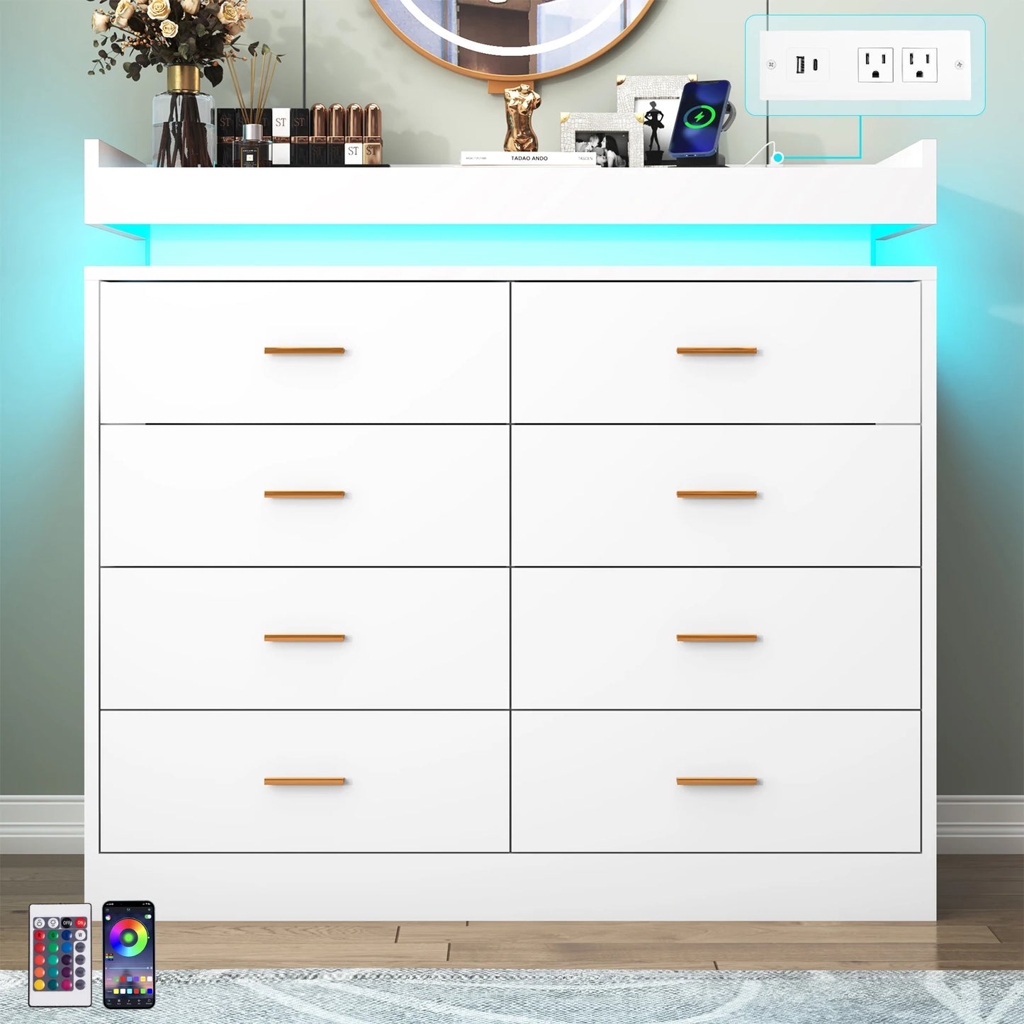 8 Drawer Dresser with LED Light, Modern