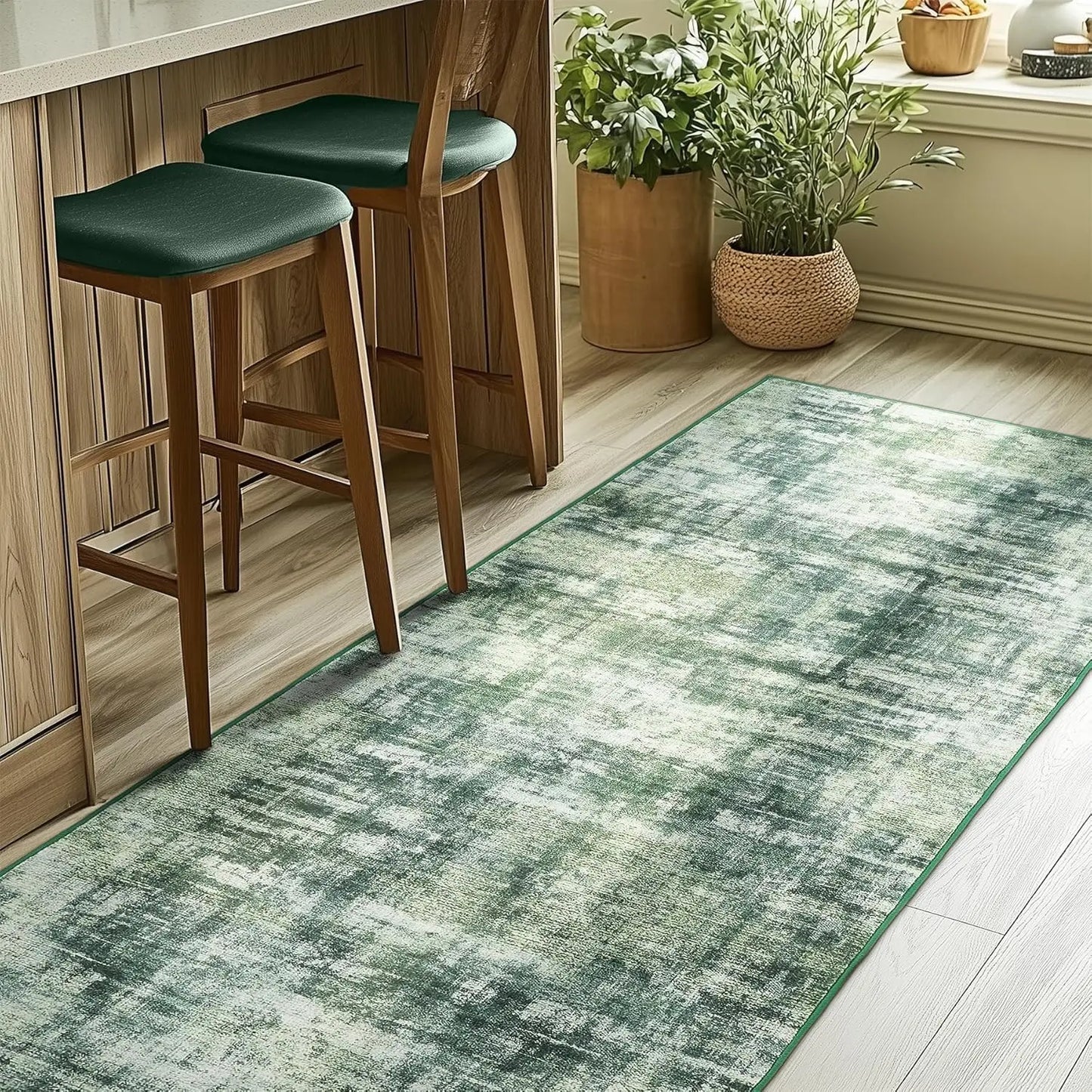 Green RugLiving Room Washable Abstract