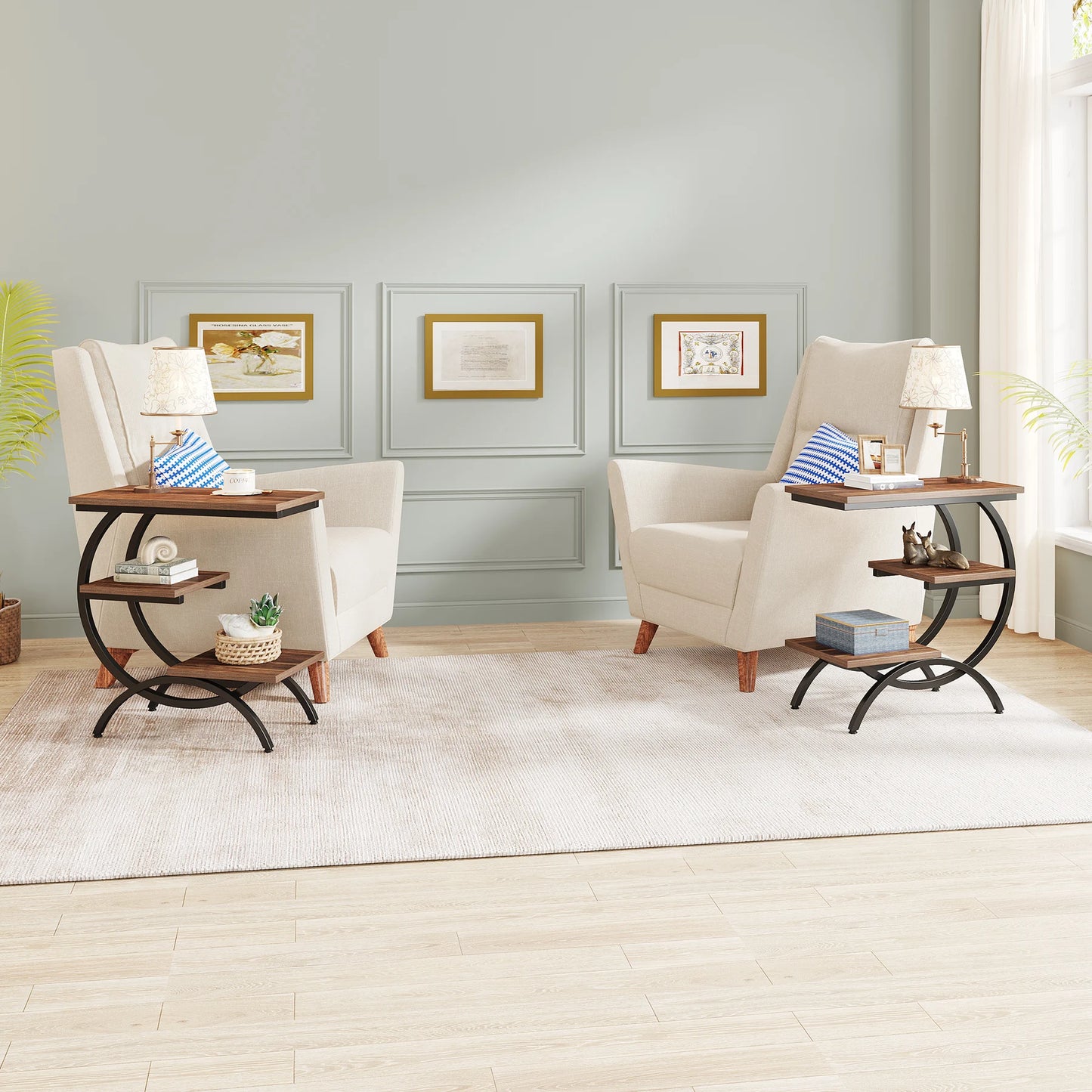 C-Shaped End Table, Industrial 3-Tier Small Table