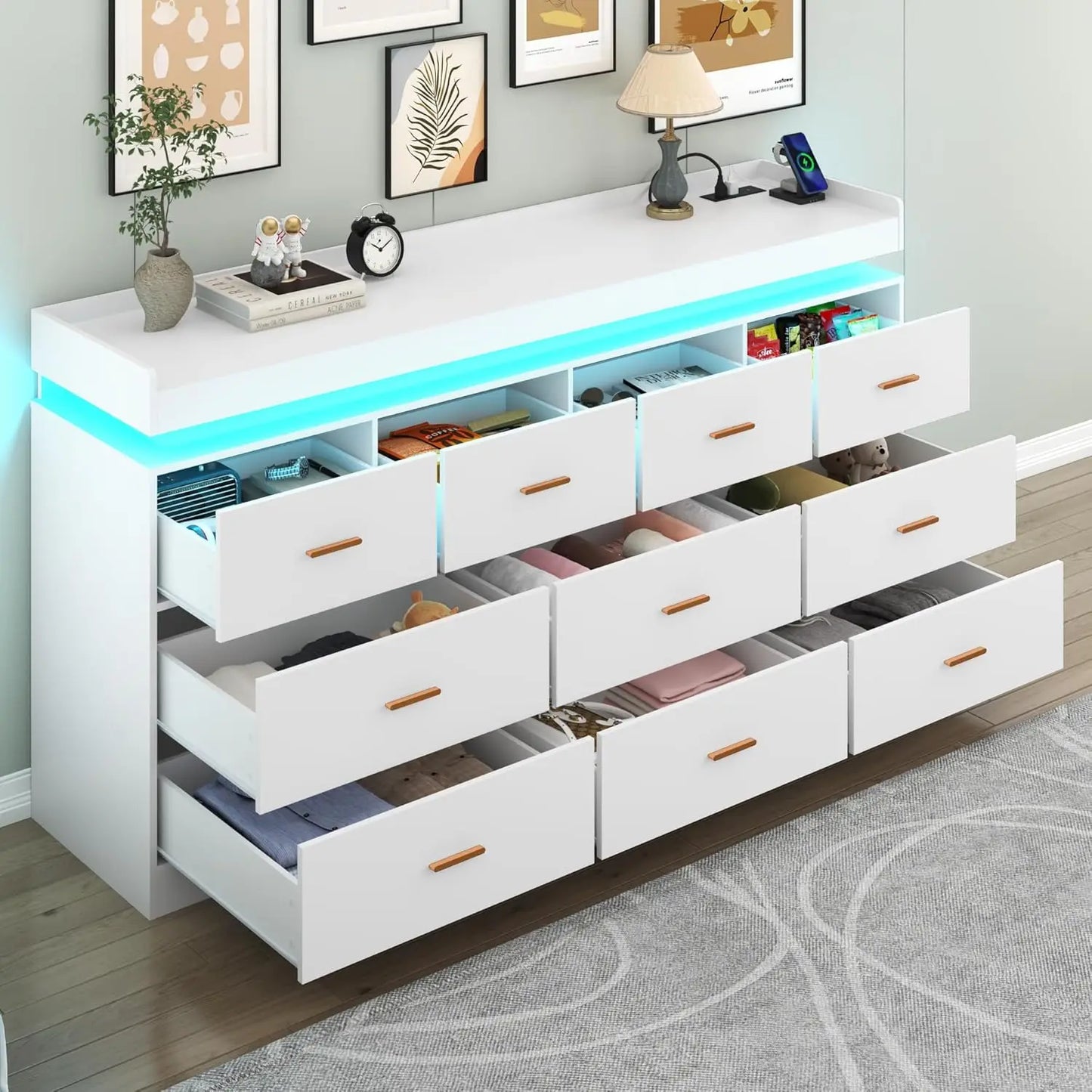 10 Drawer Dresser with LED Light and Charging