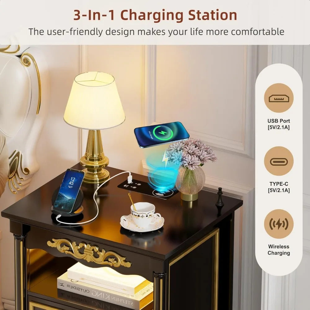 Set of 2 Nightstand with Gun Drawer, Charging