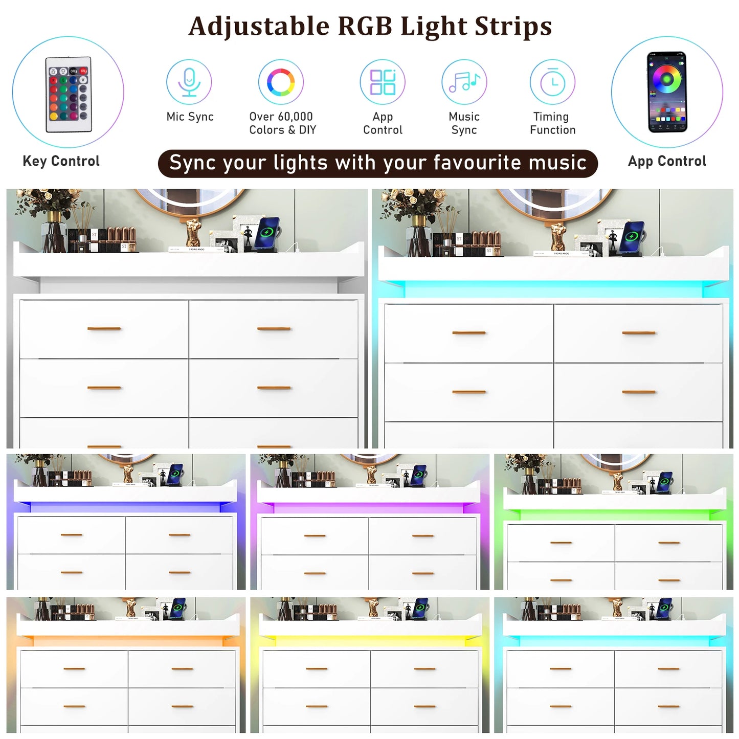 8 Drawer Dresser with LED Light, Modern