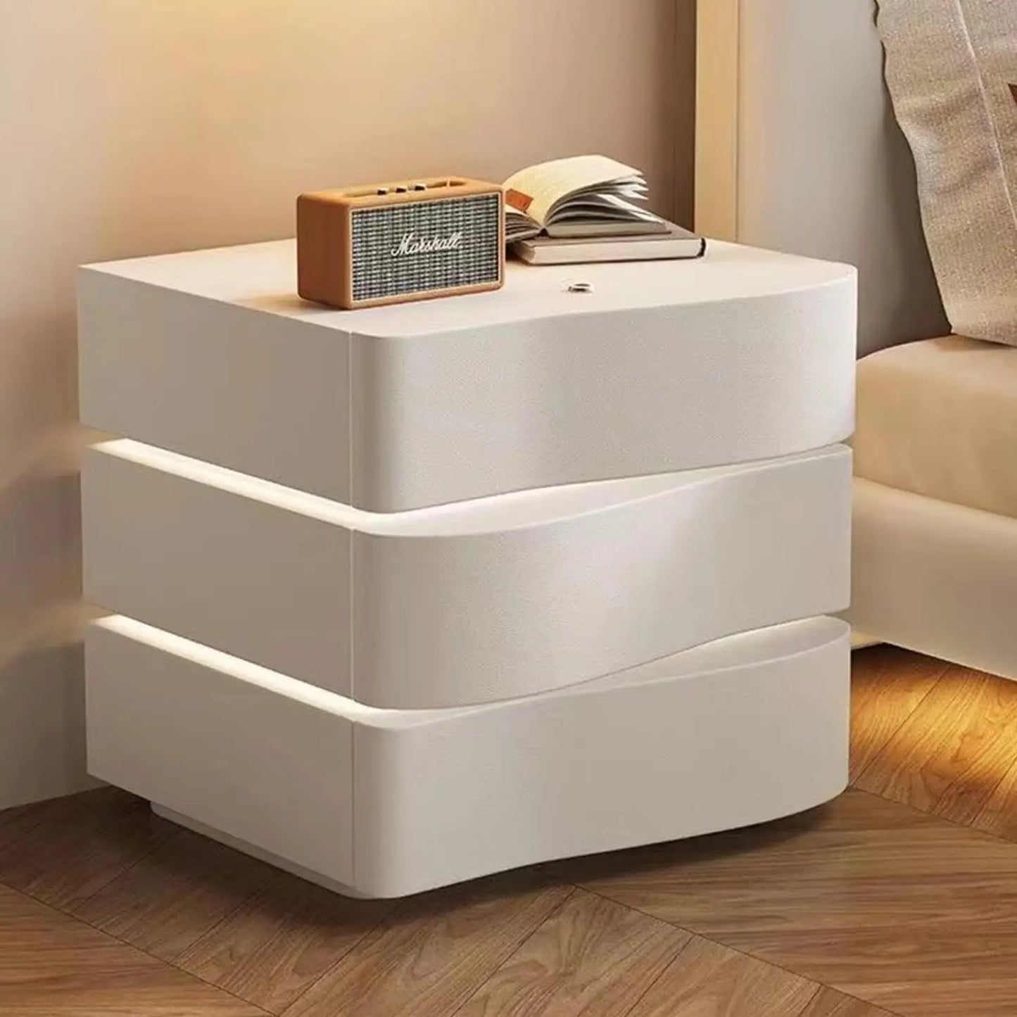 Solid Wood Nightstand, Leather Bedside Table