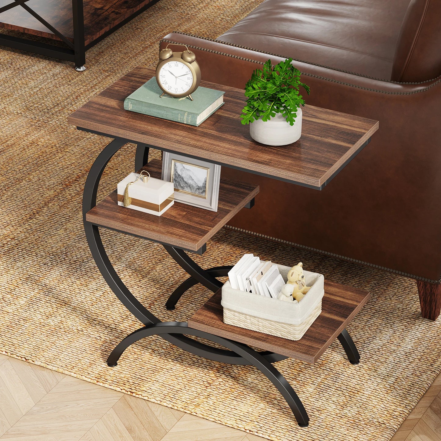 C-Shaped End Table, Industrial 3-Tier Small Table