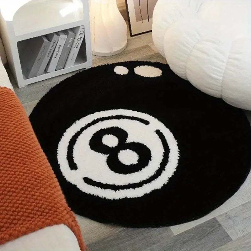 Black Billiards 8 Ball Round Plush Carpet Anti-Slip