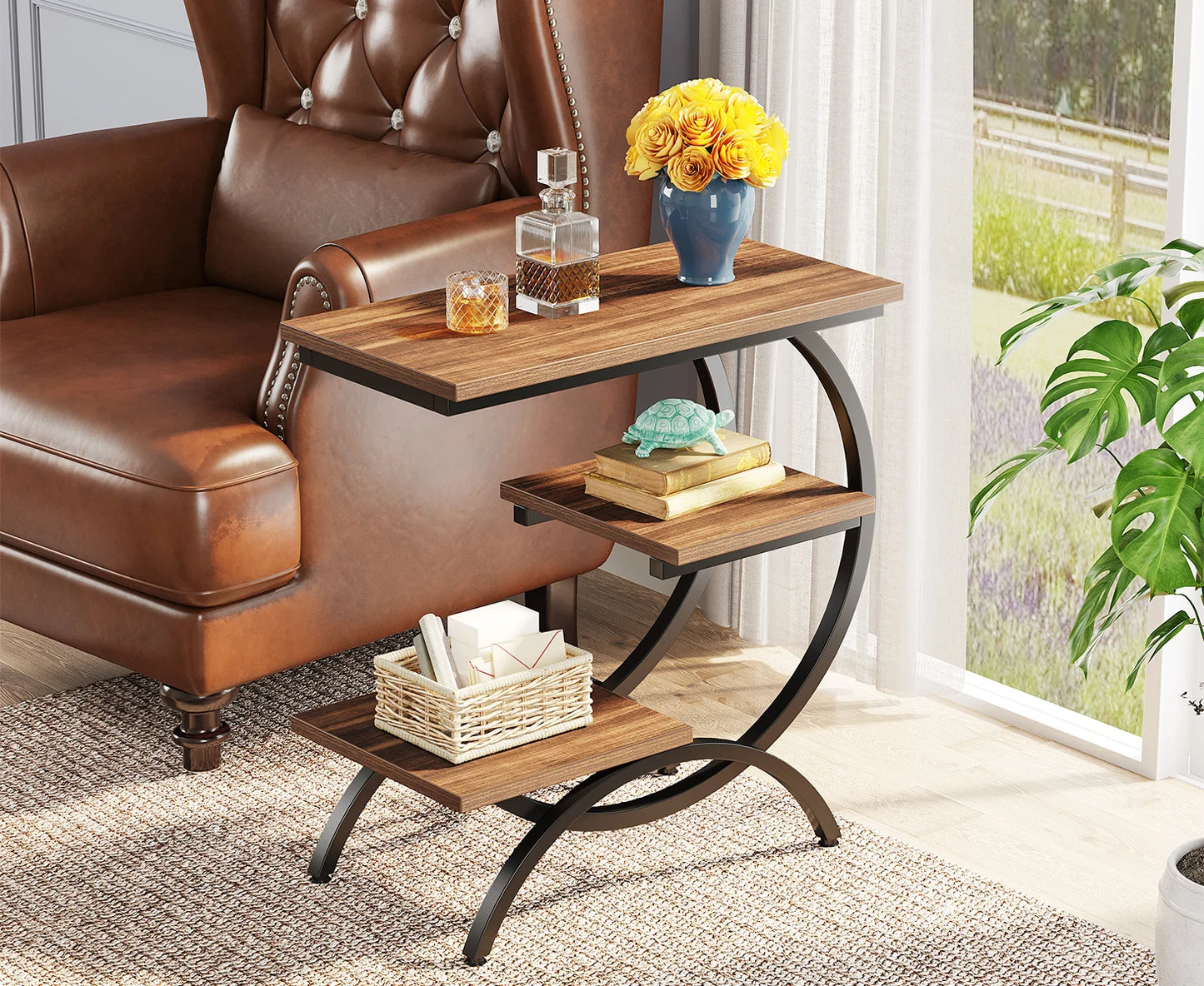 C-Shaped End Table, Industrial 3-Tier Small Table