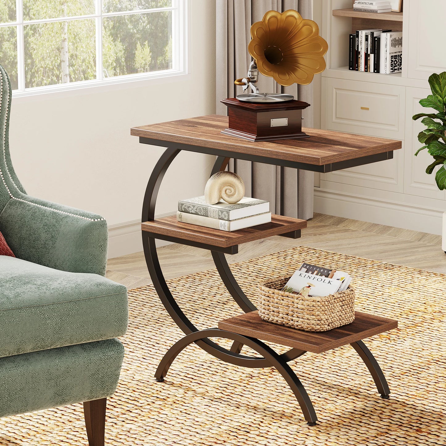 C-Shaped End Table, Industrial 3-Tier Small Table