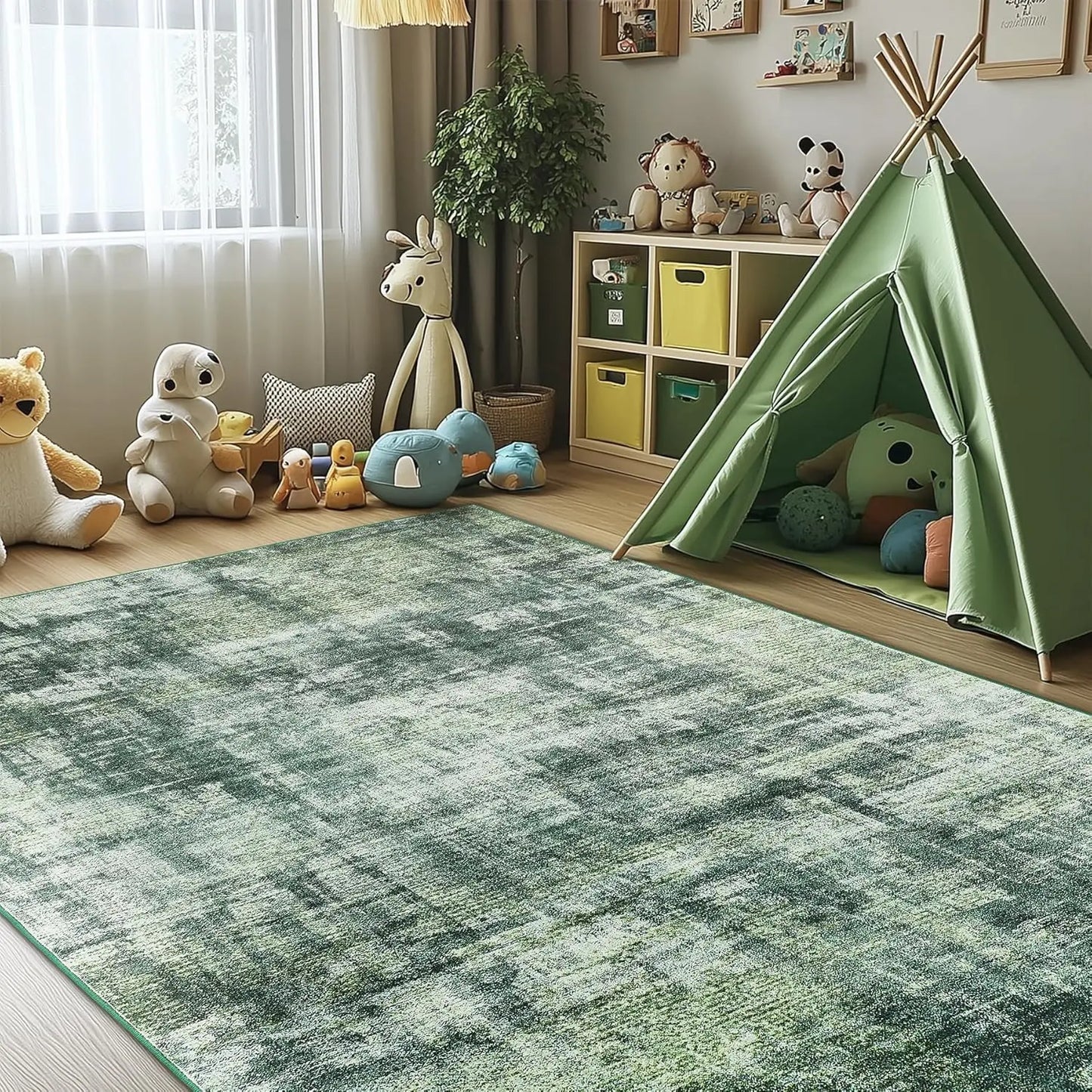 Green RugLiving Room Washable Abstract