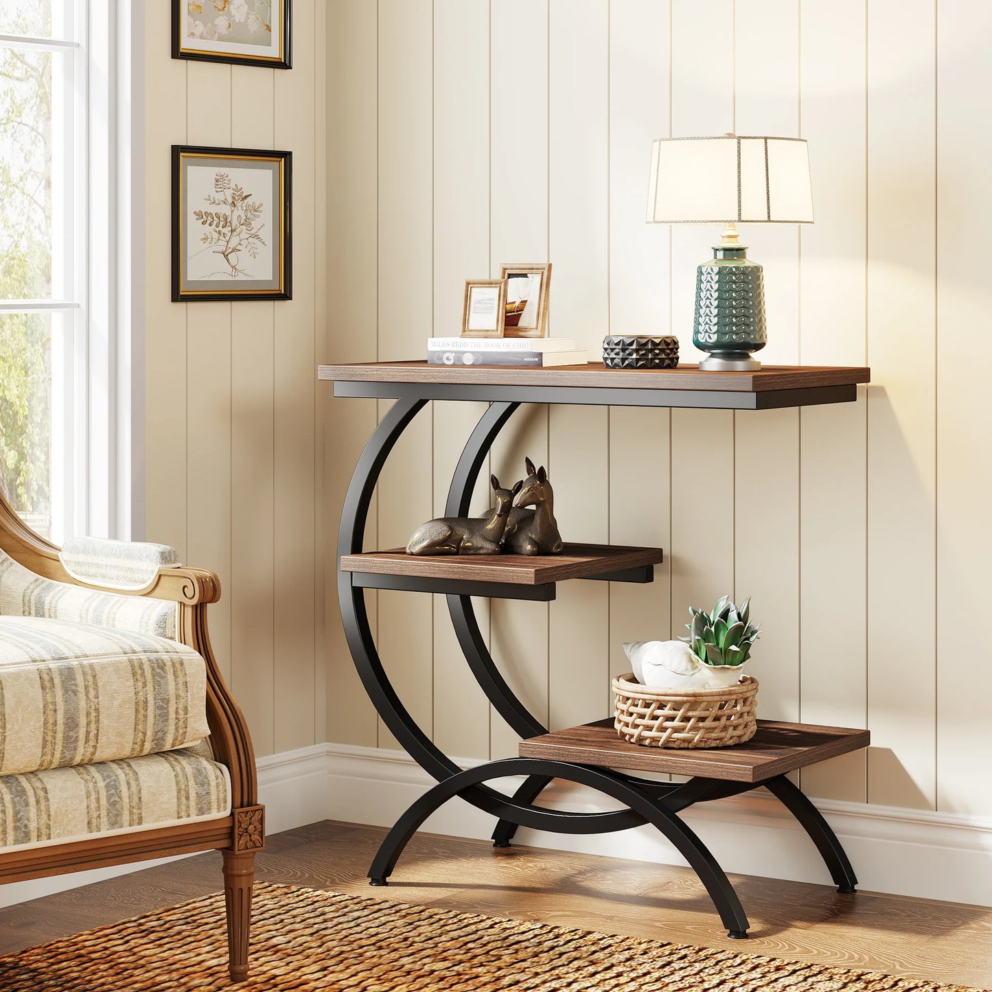 C-Shaped End Table, Industrial 3-Tier Small Table