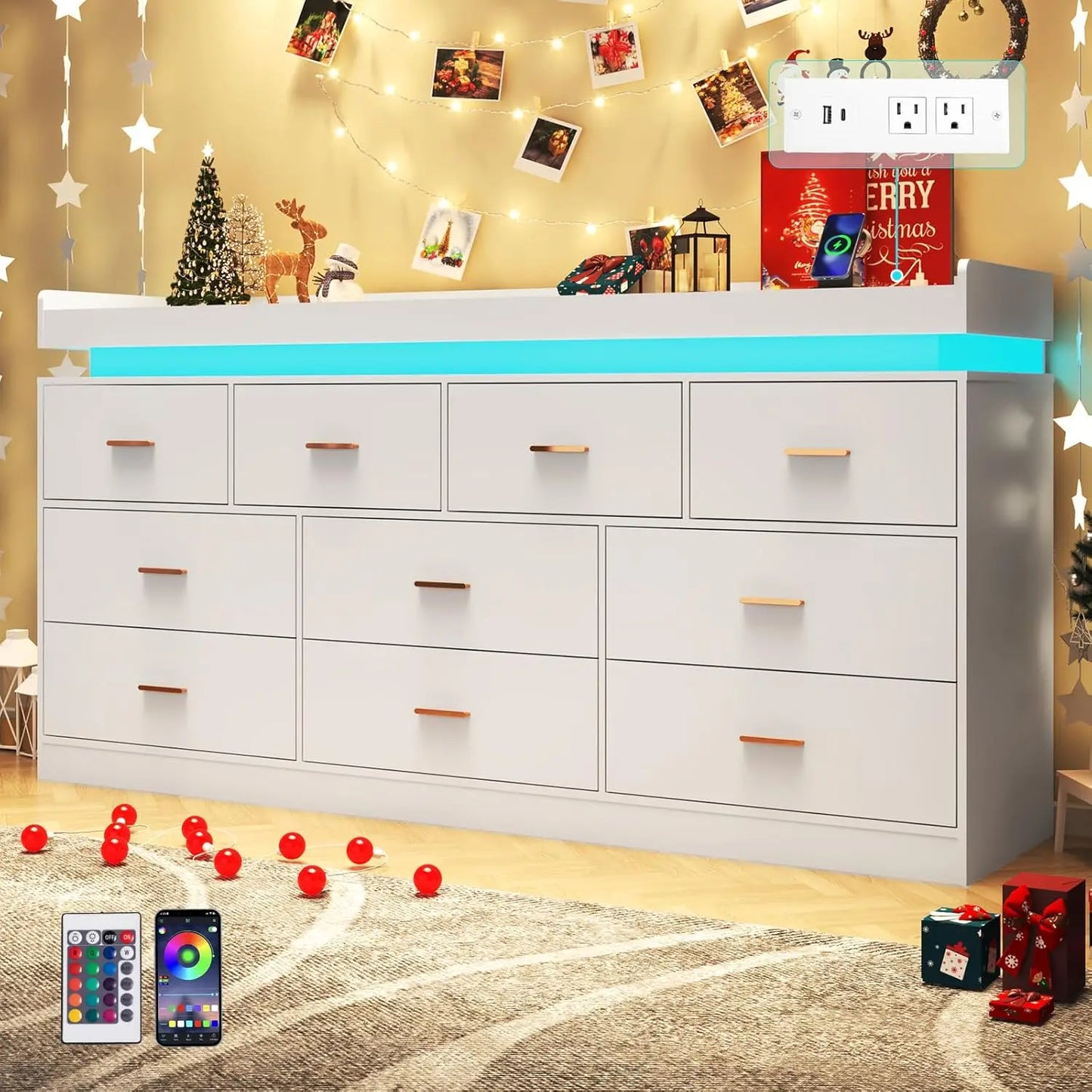 10 Drawer Dresser with LED Light and Charging
