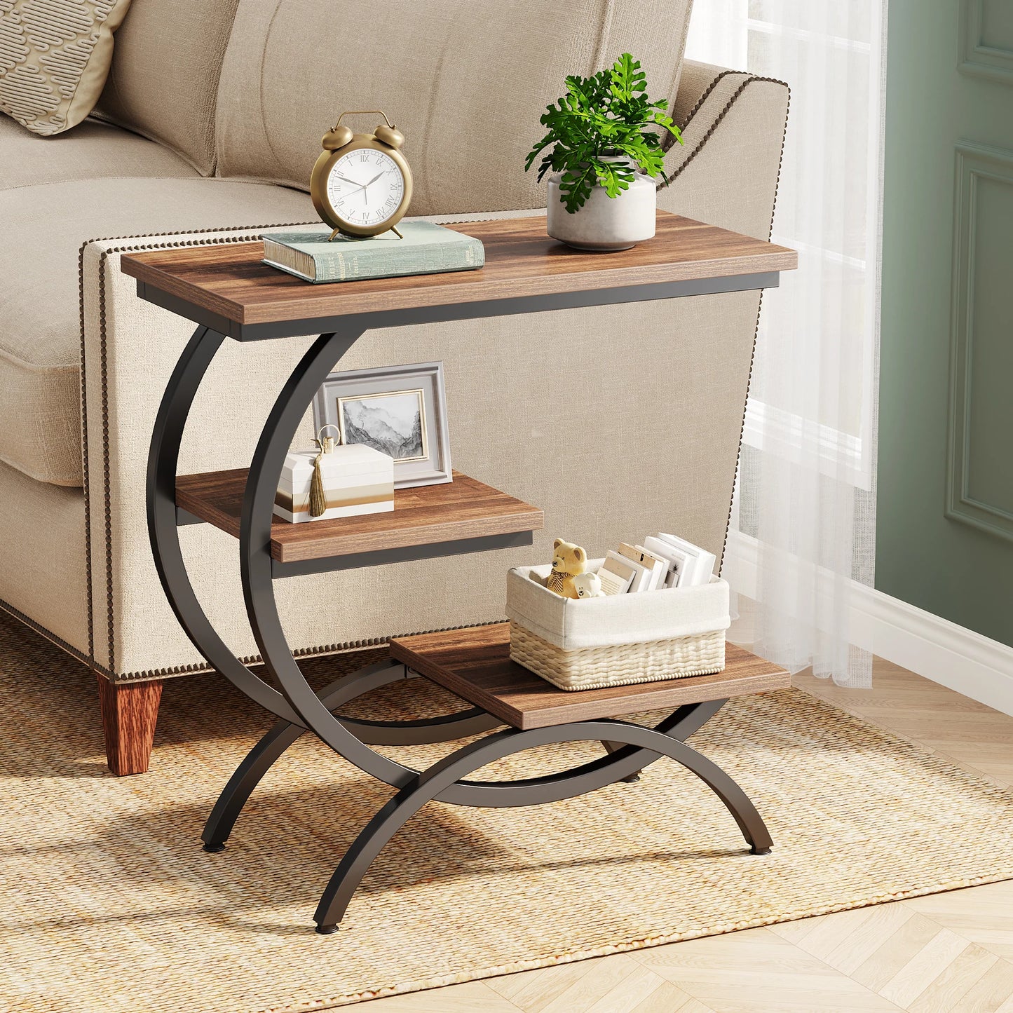 C-Shaped End Table, Industrial 3-Tier Small Table