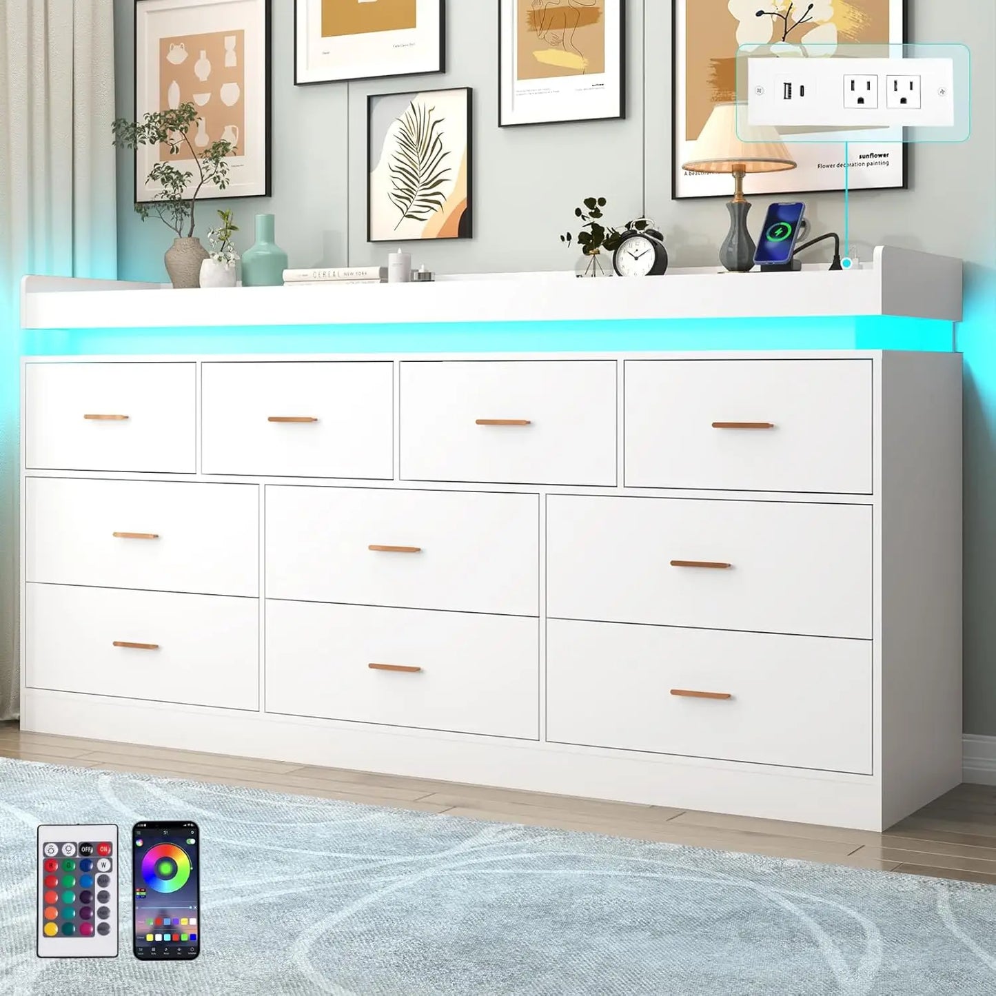 10 Drawer Dresser with LED Light and Charging