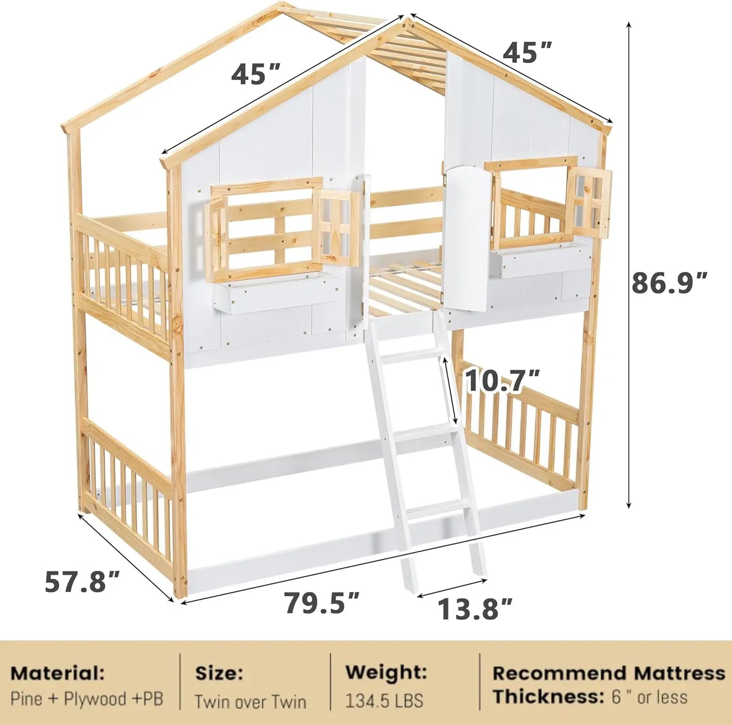House Bunk Bed Twin Over Twin Wood
