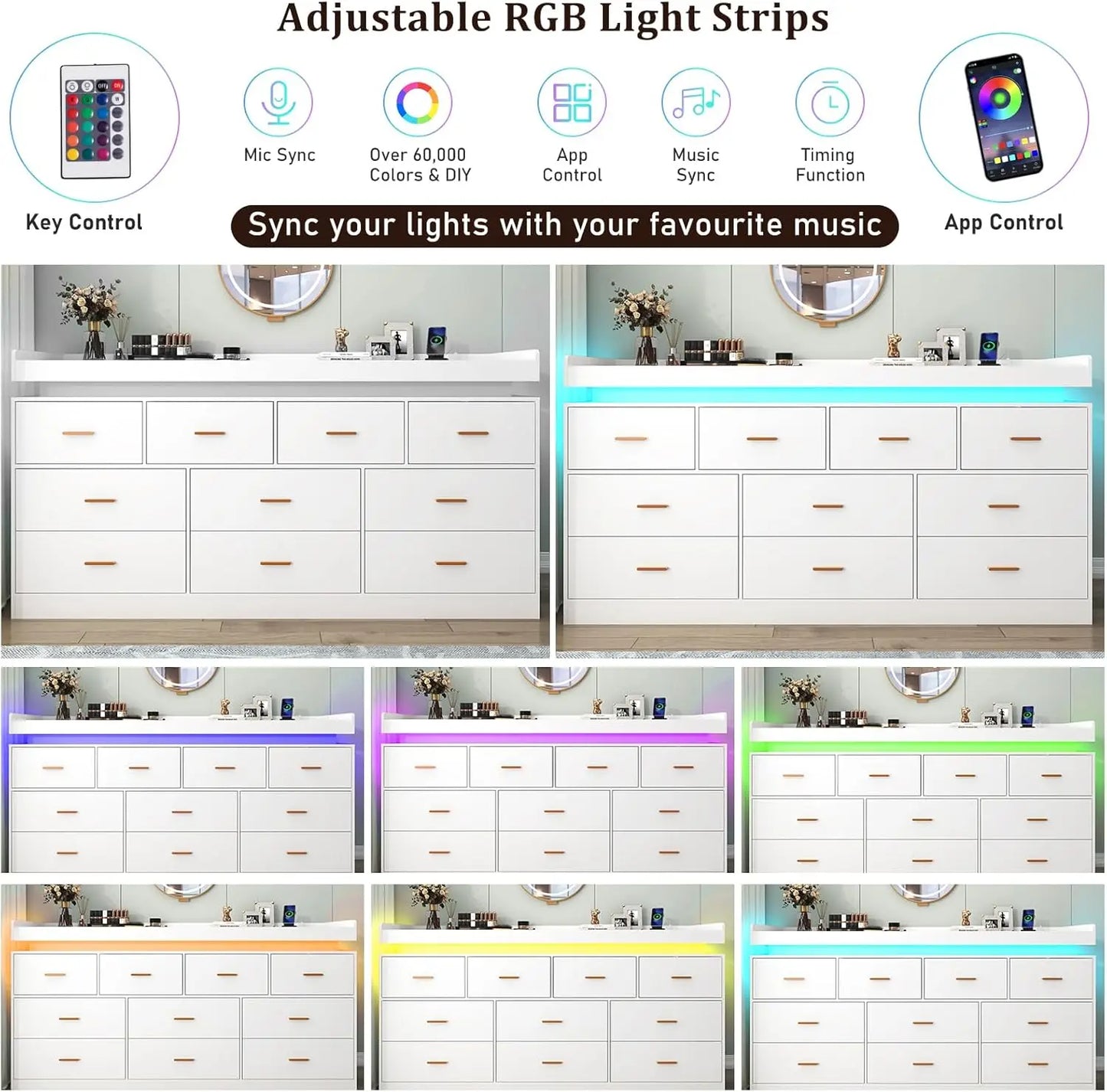 10 Drawer Dresser with LED Light and Charging