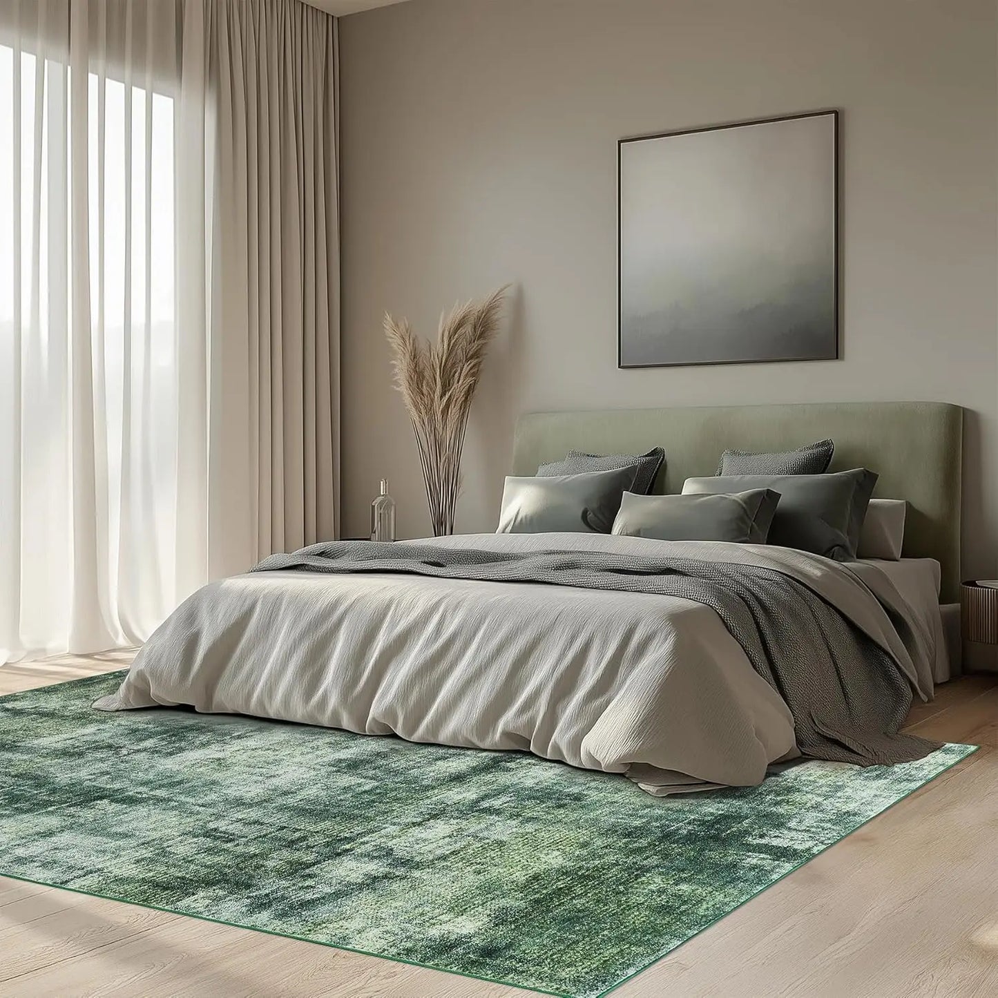 Green RugLiving Room Washable Abstract