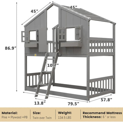 House Bunk Bed Twin Over Twin Wood