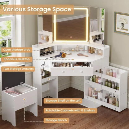 Vanity Desk with Tri-Fold Mirror and Lights