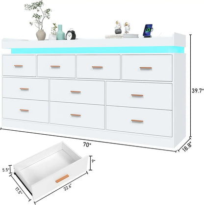 10 Drawer Dresser with LED Light and Charging