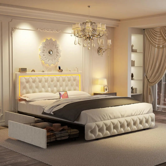 Queen Size Bed Frame with 4 Storage Drawers