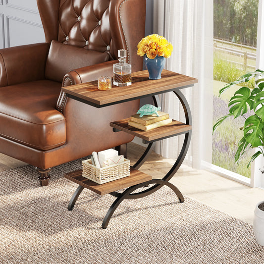 C-Shaped End Table, Industrial 3-Tier Small Table