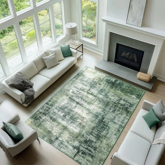 Green RugLiving Room Washable Abstract