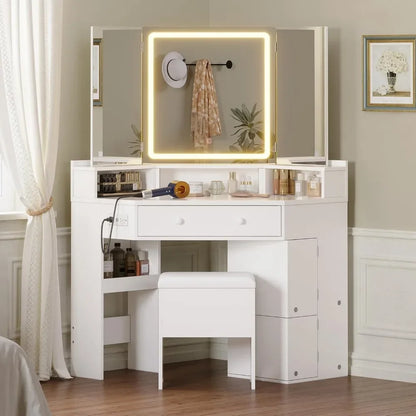 Vanity Desk with Tri-Fold Mirror and Lights