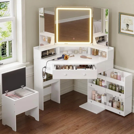 Vanity Desk with Tri-Fold Mirror and Lights