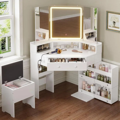 Vanity Desk with Tri-Fold Mirror and Lights