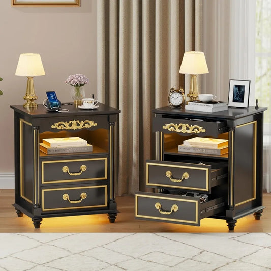 Set of 2 Nightstand with Gun Drawer, Charging