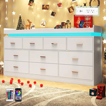 10 Drawer Dresser with LED Light and Charging