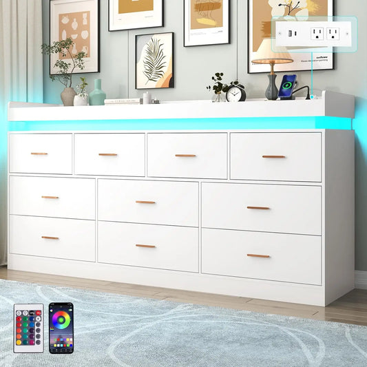 10 Drawer Dresser with LED Light and Charging